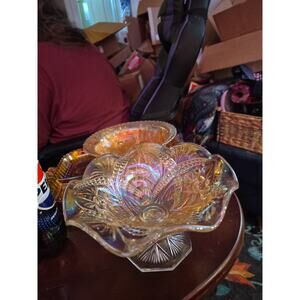 Imperial Marigold Scroll Eastern Star Embossed Compote. Lovely Color. 7”